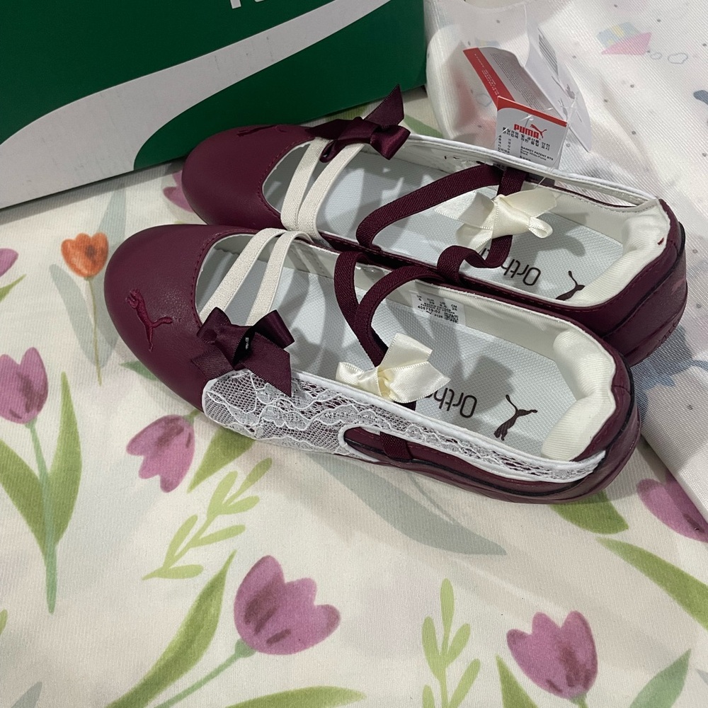 Puma Girls Burgundy Mary Jane Flats with White Lace & Ribbon Accents